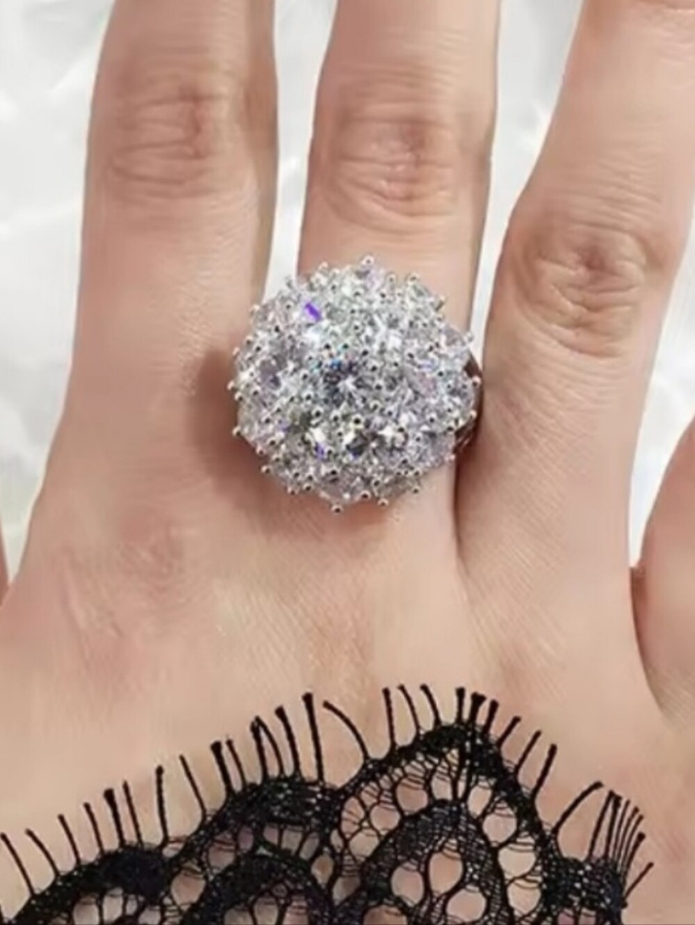 White Rhodium Swarovski Cluster Cocktail Ring